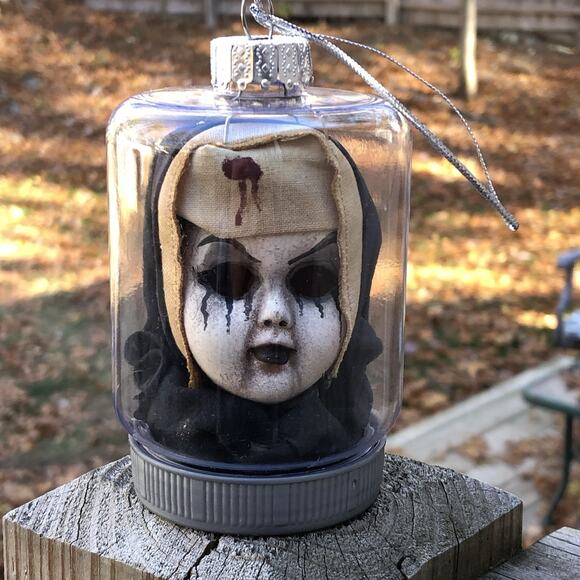 OOAK Creepy Odd Horror Nun Doll Head Scary Christmas Decor Gothic Tree Ornament - Picture 1 of 5